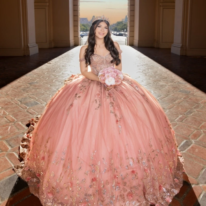 

Pink Shiny Ball Gown Quinceanera Dresses Off The Shoulder Flower Sequin Applique Beads Corset Tull Party Birthday Sweet 16 Dress