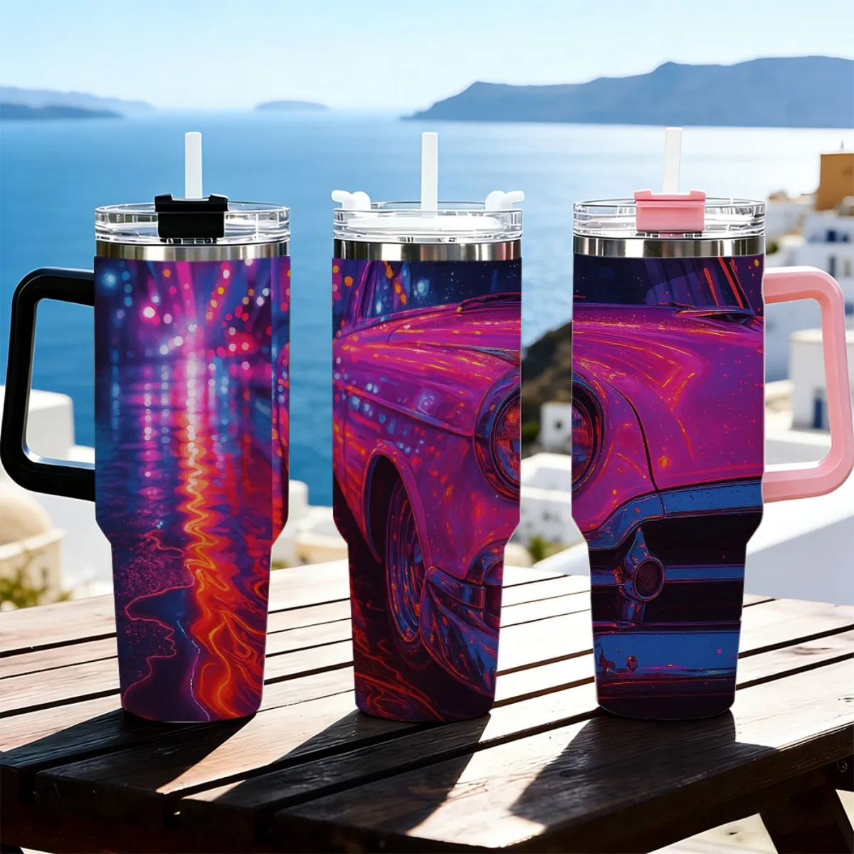 40oz Tumbler with Handle Neon Classic Car Print Insulated Cup, Other colors sold out, random black or white shipment for other color orders