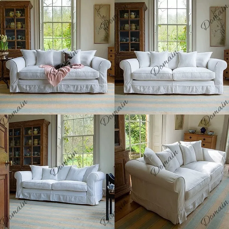 Nordic wabi sabi white washed cotton linen dismantling and washing straight row sofa studio B & B
