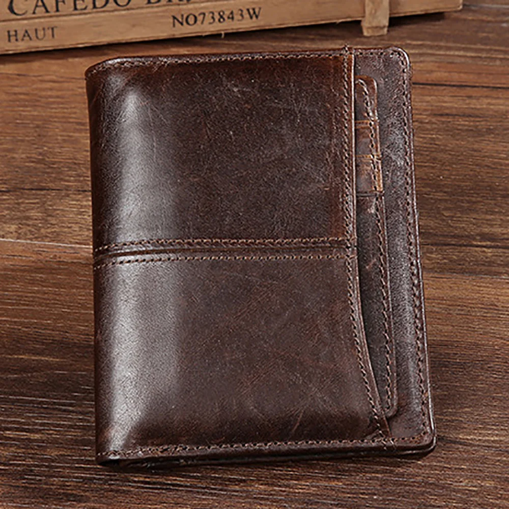 Oil Wax Cowhide Men Bifold Wallet Clutch Money Bag Genuine Leather Luxury Coin Pocket Male ID/Credit Card Holder Short Purse New