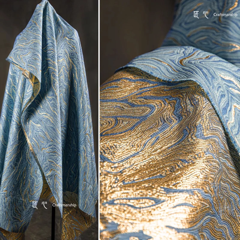 Blue Sea Gold Thread Jacquard Fabric Shimmering Three-dimensional Texture for DIY Hanfu, Cheongsam,belt,Bags Retro Chinese Style