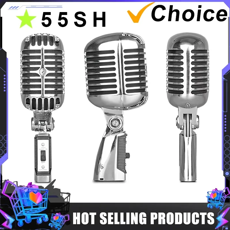 55SH Vintage Style Microphone Simulation Classic Retro Dynamic Vocal Wired Mic Universal Stand for Live Performance Karaoke