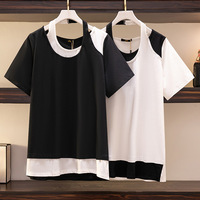 150Kg Plus Size Women's Bust 152 Contrast Stitching T-Shirt Summer Loose Short-Sleeved Fake Two-piece Top 5XL 6XL 7XL 8XL 9XL