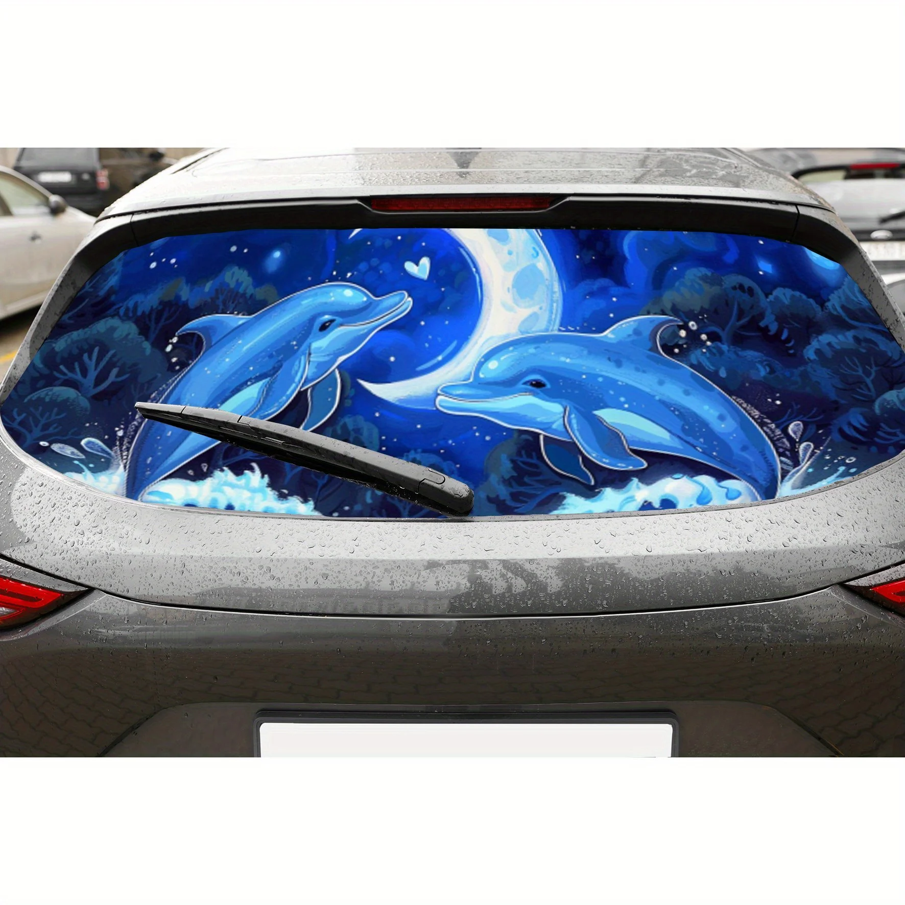 

Blue Moonlit Dolphin Sea Wave ПВХ перфорированные автомобильные виниловые обертывания, конструкция улучшения конфиденциальности для заднего окна, наклейка на заднее лобовое стекло автомобиля