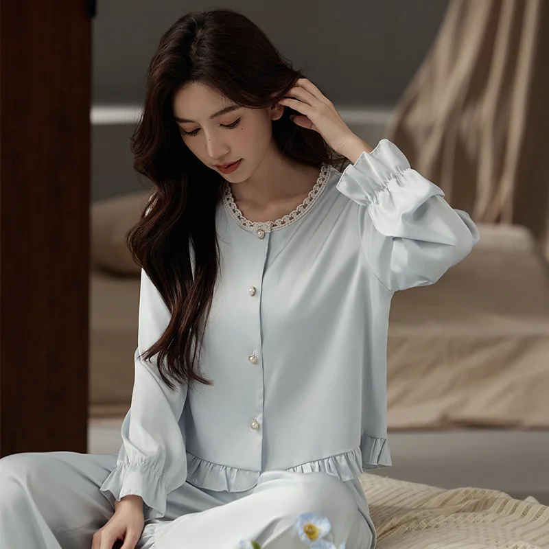 Ladies pajamas, spring, summer and autumn long-sleeved trousers household clothes and ruffled ice silk suits can be worn outside 6