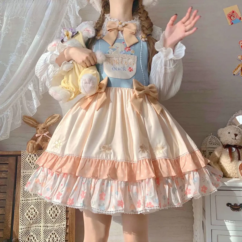 

NONSAR Cute JSK Strap Lolita Dress Retro Bow Sweet Cartoon Patchwork Dress Women Summer New Sleeveless Female Lolita Clothing