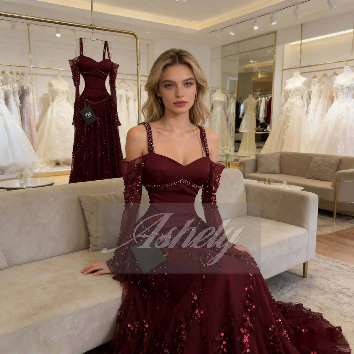 Luxuriöses Burgunderrotes Damenkleid für Hochzeitsgäste und Partys, Schulterfreies Paillettenkleid in A-Linie, Langes Abendkleid für Formelle Anlässe, Maßanfertigung