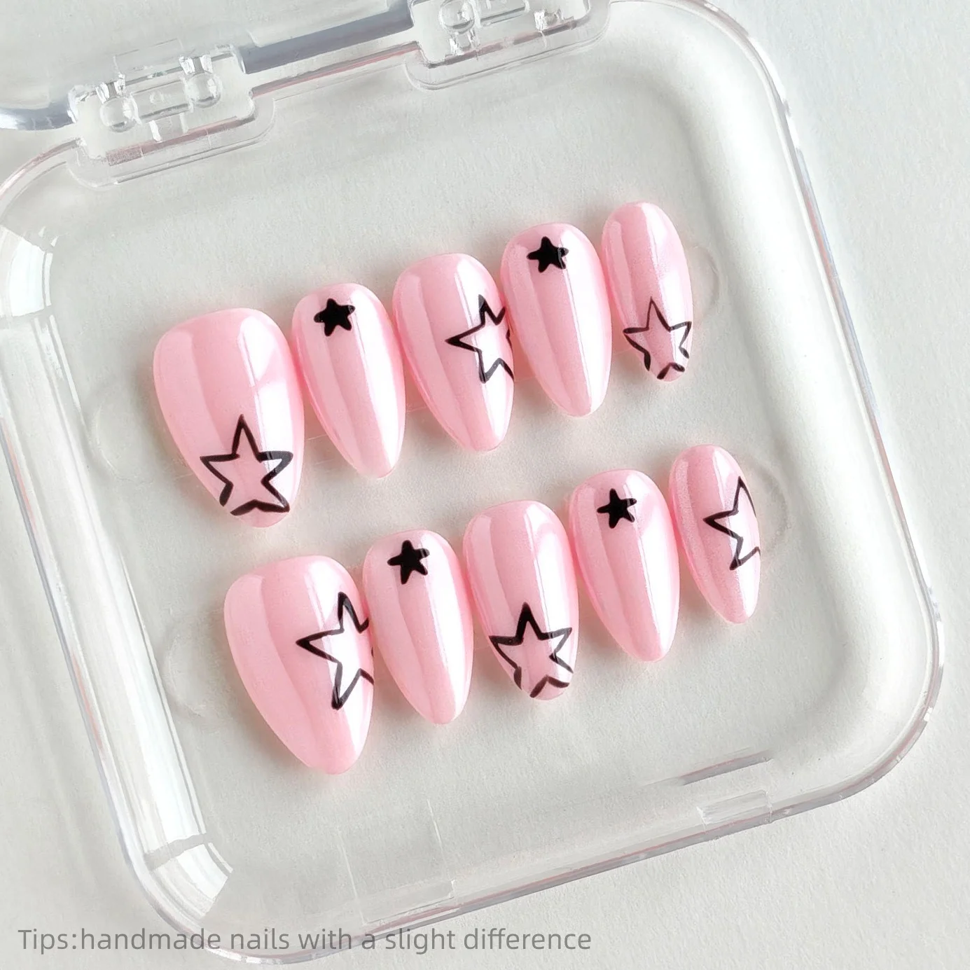 

10pcs Handmade Pink Black Star Press on Nails Almond Short Full Cover Wearable Reusable INS Trendy False Nails 2026