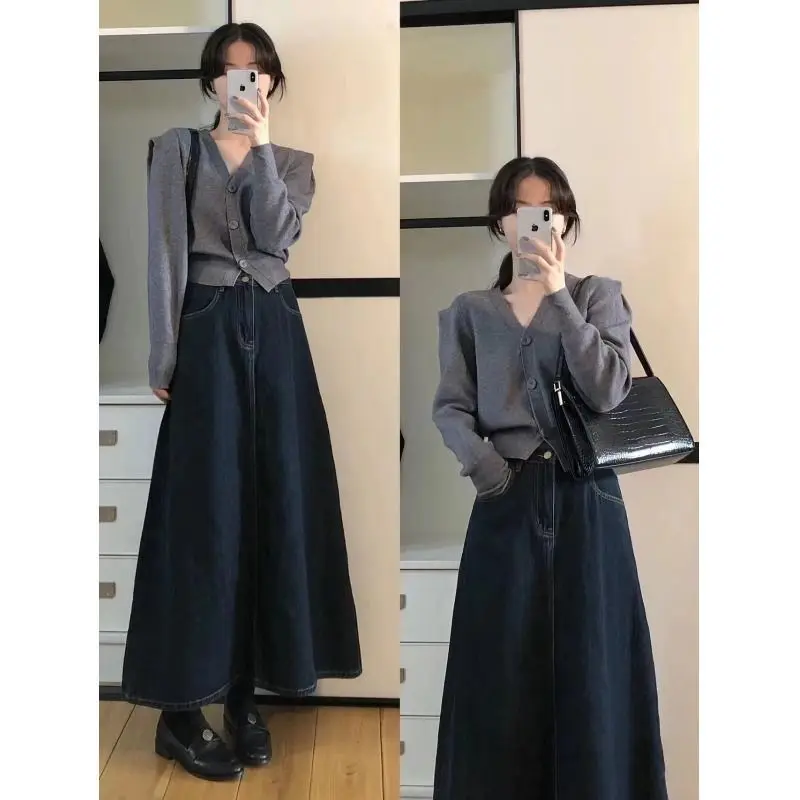 

Vintage Denim Midi Skirt Women High Waist A- Line Flared Skirt