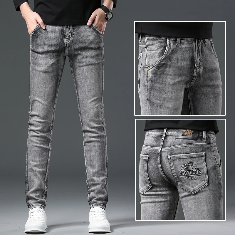 Smoky gray jeans men's Stretch Slim Fit Ankle-tied trendy three-dimensional printing fashion casual all-match business pants