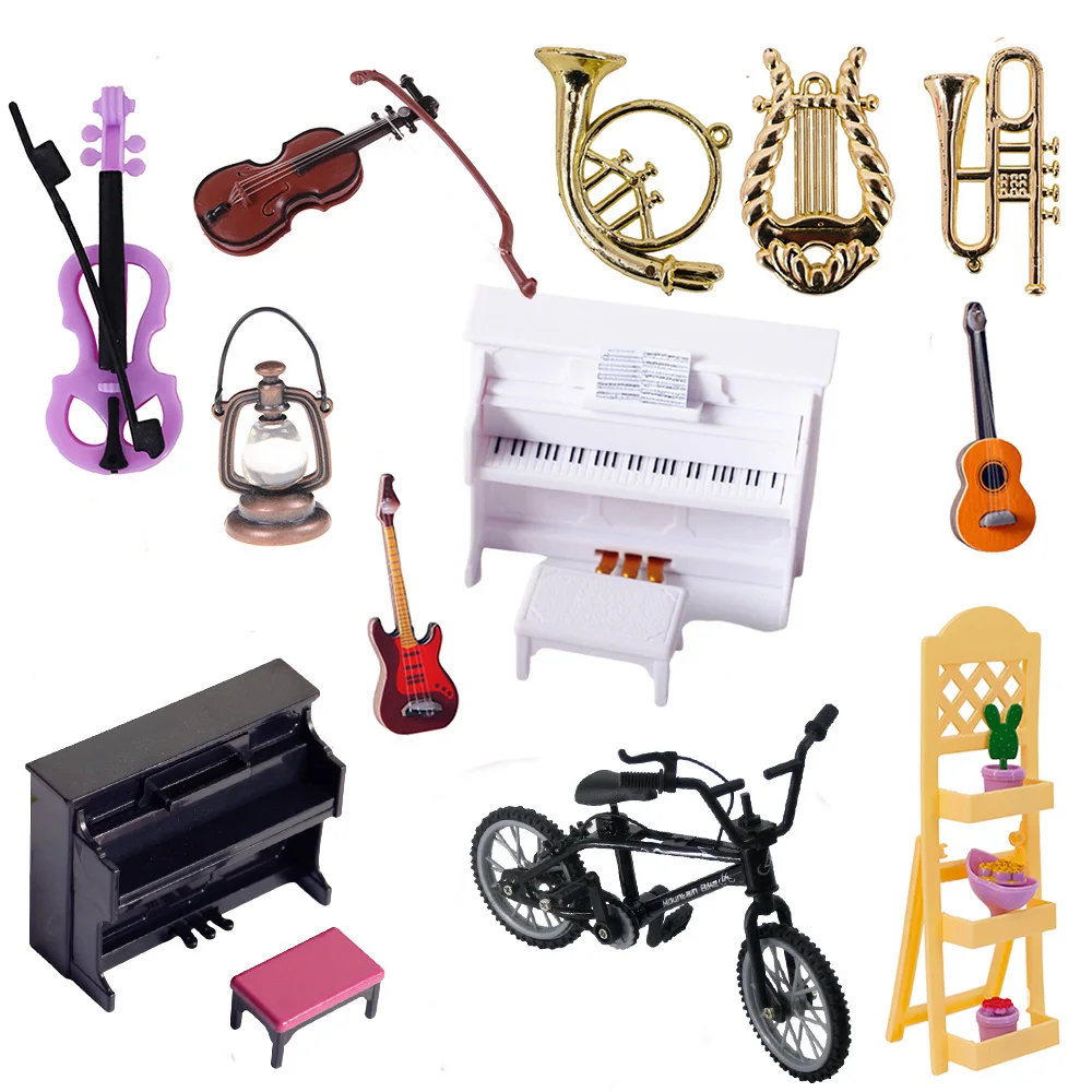 1/12 Dollhouse Guitar Toys Piano Dollhouse Musical Instrument Model Mini Oil Lamp Bicycle Dolls House Decoration Accessories