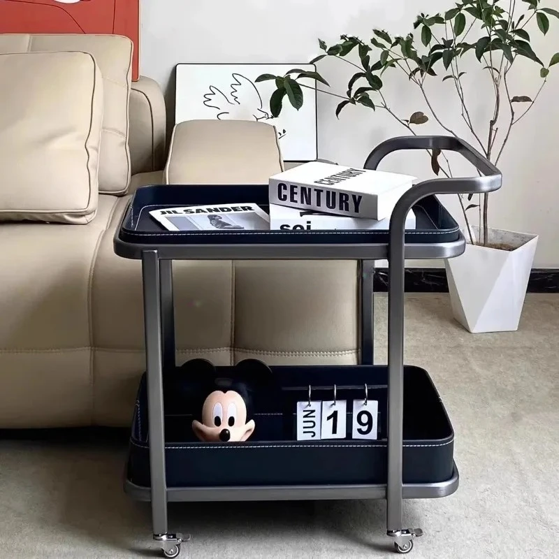 Light Luxury Saddle Leather Modern Metal Frame Mobile Trolley  Living Room Sofa Side  Table Small  Coffee Table Home Dining Cart
