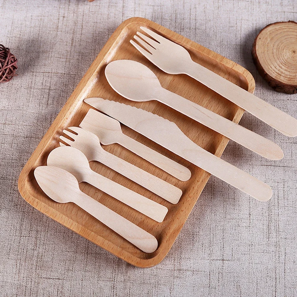 Disposable Wooden Cutlery/ForksSpoons/Cutters Knife Party Wedding Birthday Supplies Kitchen Utensil Dessert Cake Ice Cream Scoop