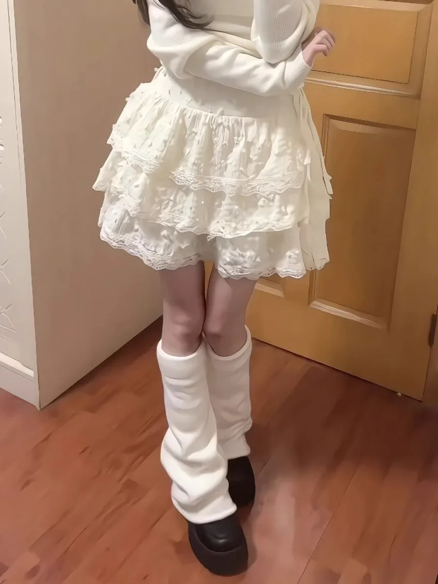 하이웨이스트 레이스 트림 케이크 스커트 여성 여름 트렌드 스위트 디자인 풍성한 스커트 레트로 스타일 출퇴근용