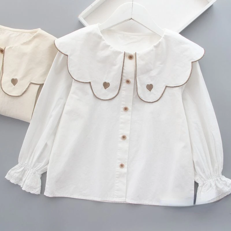 Girls Shirt White Spring and Fall New Girls Doll Collar Cotton Blouse Children Long-sleeved Shirt Toddler Girl Clothes