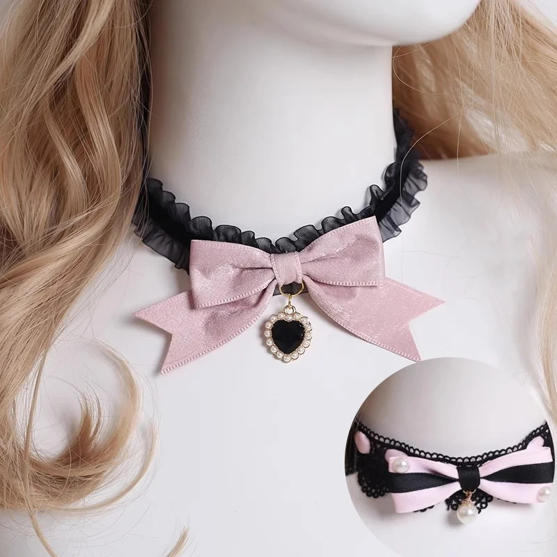 

Japanese Dark Lace Bow Handmade Black Sweet Butterfly Necklace Collarbone Chain Collar Cute Lolita Necklace Maid Accessory