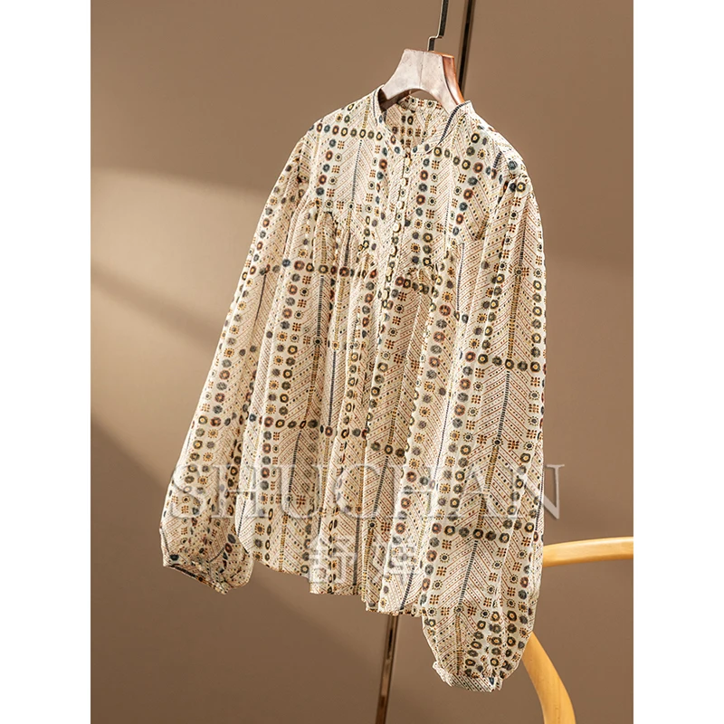 New French Lazy Court Style, Design 100 High-count Cotton Printed Pleated Long-sleeved Shirt and Blouse Women 1Y41