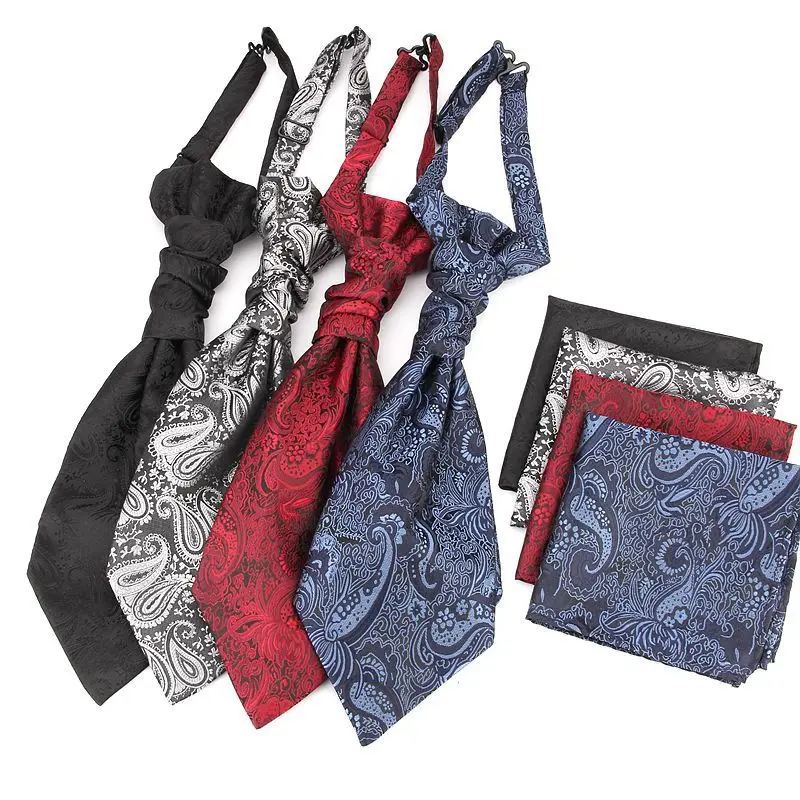 VEEKTIE Brand Old Fashion Ascot Ties Pocket Square Set For Men Paisley Jacquard Solid Colors Classic Red Black Blue White Floral