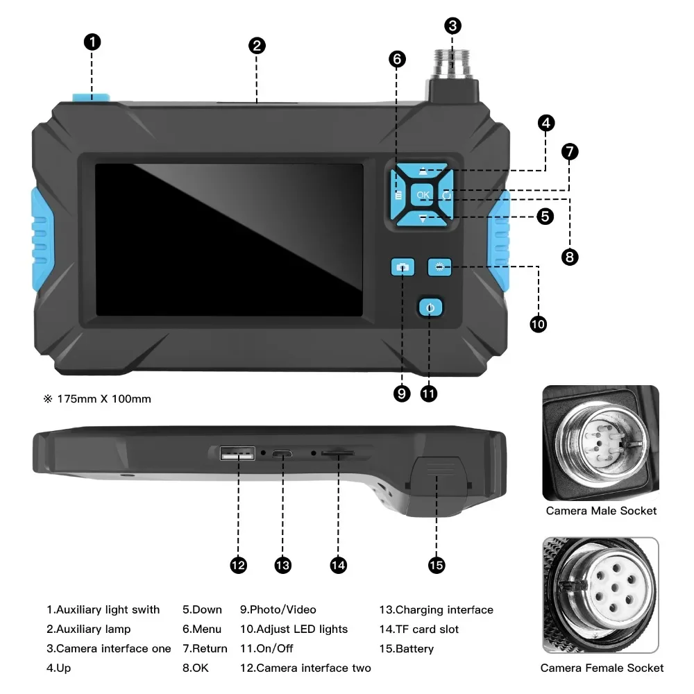 Cámara de inspección endoscópica de 5,5mm, 2M, 5M, 10M, 6LED, boroscopio de serpiente con monitor de pantalla de 4,3 pulgadas