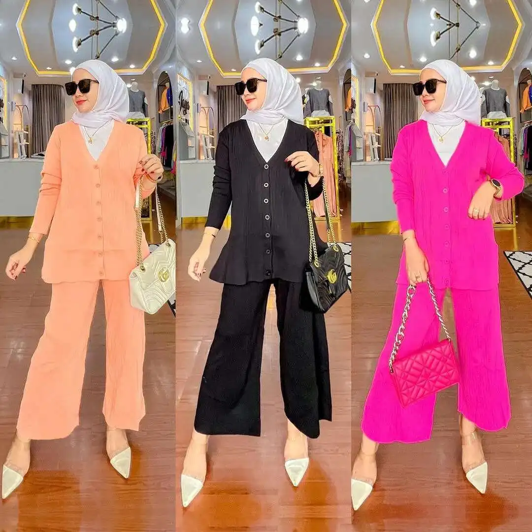 

M235# Muslim Women's Clothing Wide Leg Pants Knitted Set 2025 Muslim Long Dress Robe Abaya Ramadan Dubai Luxury Islam Elegant