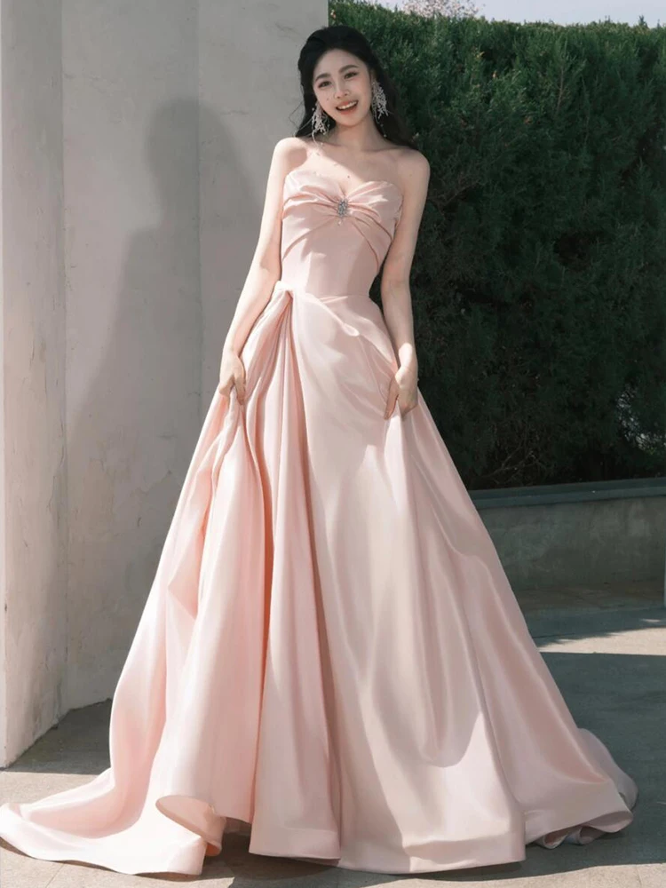 

Stunning Pink Satin Evening Gown Engagement Wedding Dr Ele Luxury Adult Ceremony Skirt Korean Sle mid Waist Long Dr