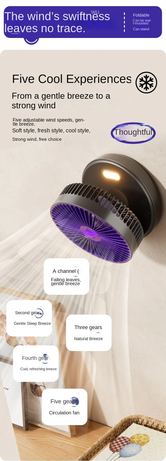 5000 mAh faltbarer, im Dunkeln leuchtender Ventilator zur Wandmontage, tragbarer, leiser Hochgeschwindigkeits-Luftzirkulationsventilator für Studenten, Büro-Schreibtischventilator – Detail 12