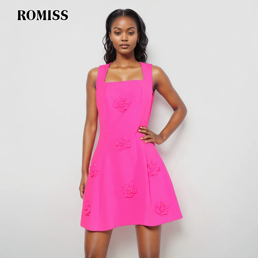 

ROMISS Patchwork Appliques Dresses For Women Square Collar Sleeveless Off Shoulder High Waist Solid Summer Sundress Female New