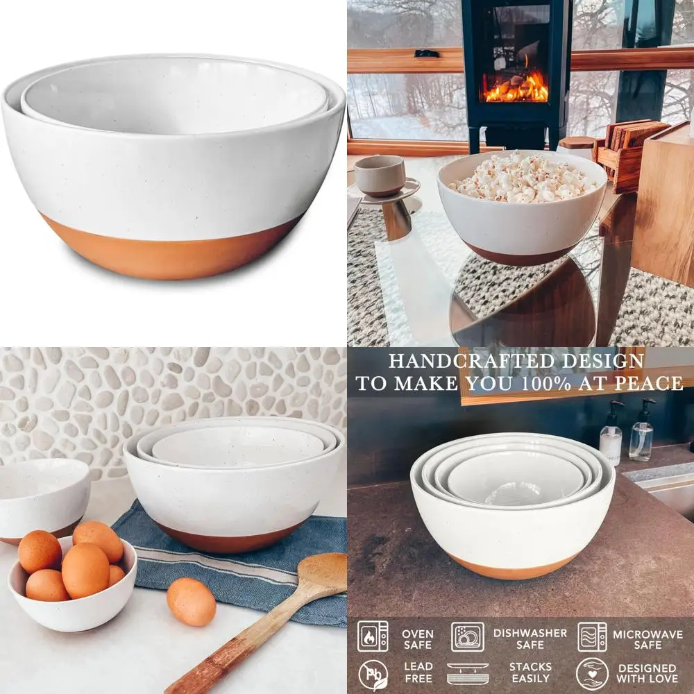 

ceramic large mixing bowls - set of 2 nesting bowls for cooking, serving, popcorn, salad etc - microwavable kitchen stoneware,
