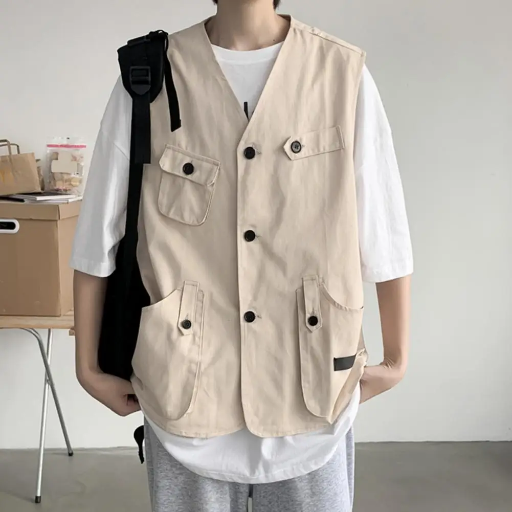 

Thin Style Vest Coat Men's Collarless Sleeveless Cargo Waistcoat with Multi Pockets Solid Color Outdoor Vest Coat for Casual