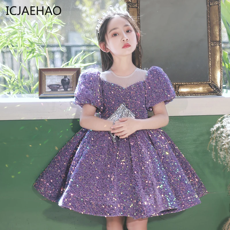 ICJAEHAO Girls Evening Elegant Luxury Celebrity Formal Clothes Fluffy Sequin Tutu Ball Gown Birthday Party Children Yellow Dress