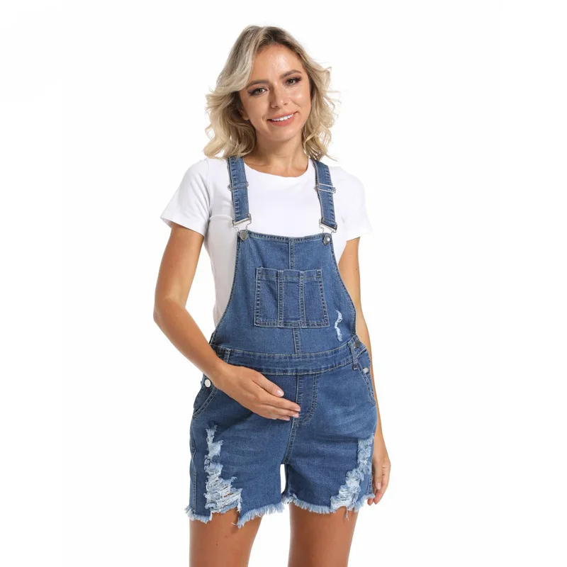 Pregnant Women Denim Overalls Maternity Loose Adjustable Strap Ripped Shortalls Rompers Spring Summer Casual Pregnancy Clothing
