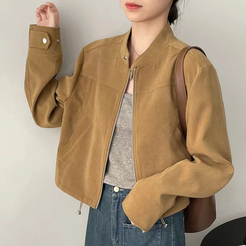 American Vintage Short Jackets Y2K Autumn Stand Collar Long Sleeve Zipper Coats Harajuku Streetwear All-Match Motorcycle Clothes