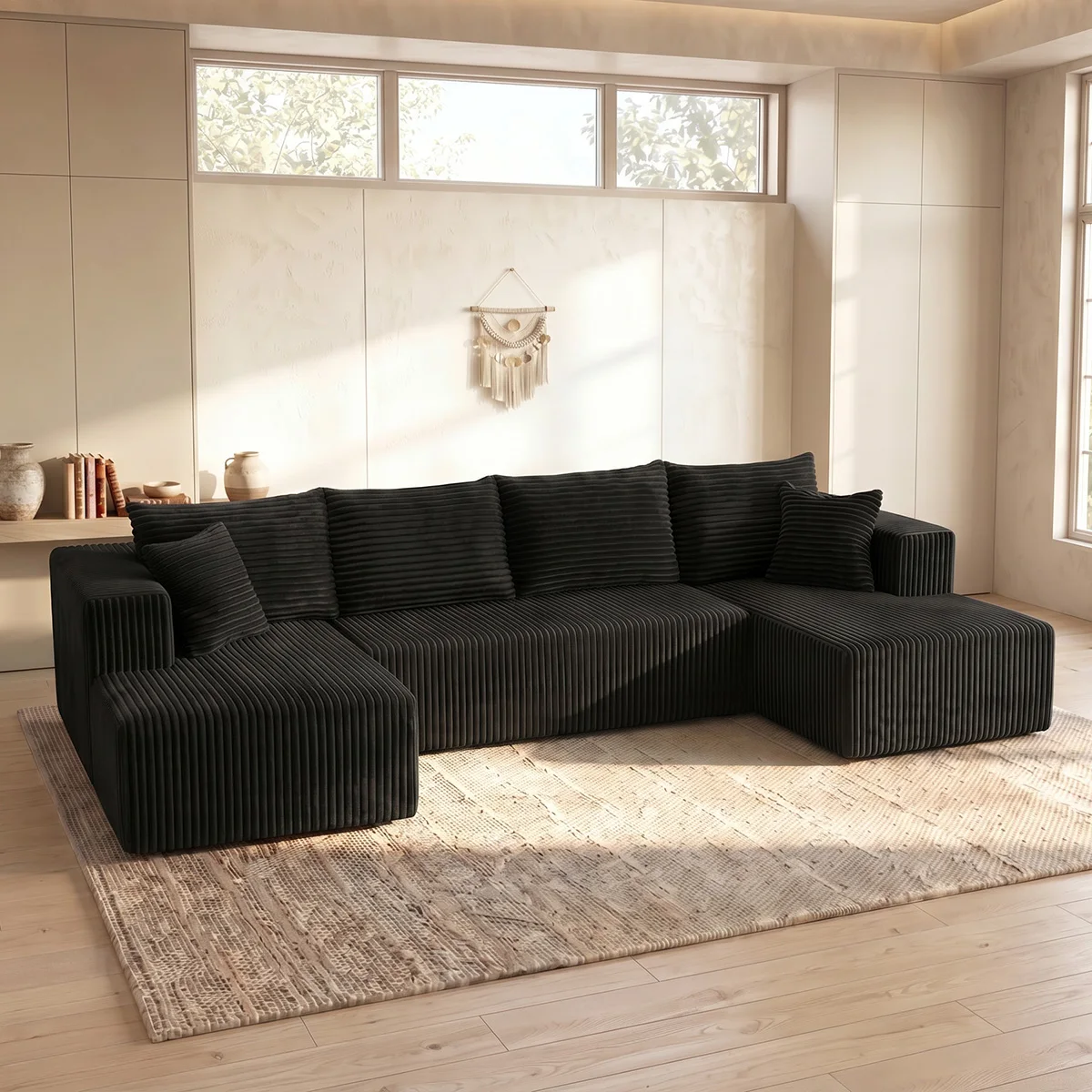 Black Striped Corduroy L Shape Sectional Sofa Double Reversible Chaise Modular Oversized Cloud Couch No Assembly Compressed Packaging Cozy Living Room Home Furniture