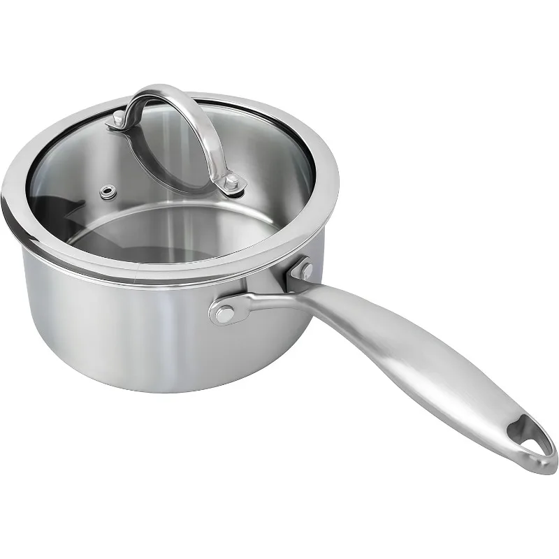 

Stainless Steel Small Brushed Saucepan With Lid, Induction Cooking Sauce Pot Pans, 18/10 Tri-Ply Heavy Bottom Saucier Cookware