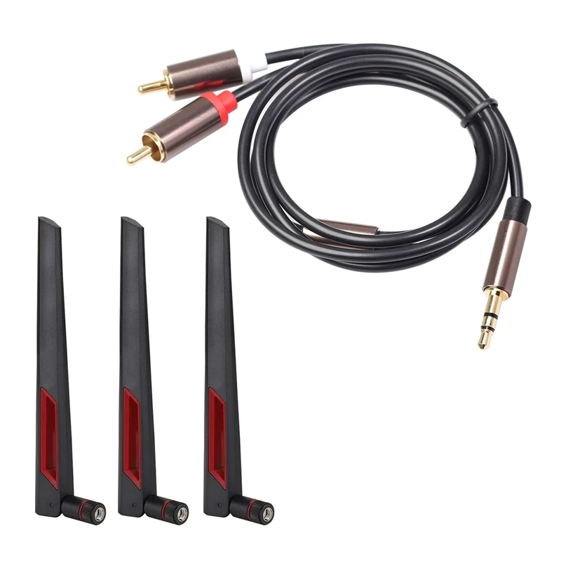 RISE-1 Pcs Rca Cable Hifi Stereo 3.5Mm To 2Rca Audio Cable & 1 Set SMA 8Dbi 2.4G/5.8G Dual Band Antenna Wifi Router Adapter