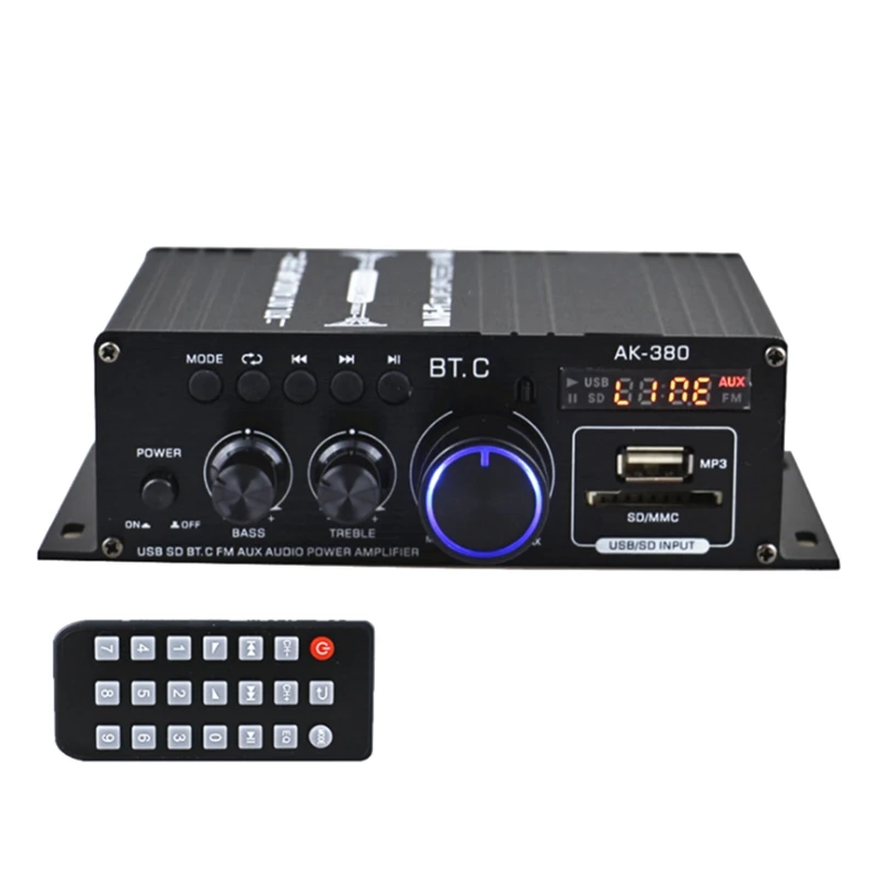 2 Channel Bluetooth Hifi Power Amplifier Home Car Audio Class D Remote Control FM Radio AUX USB/SD