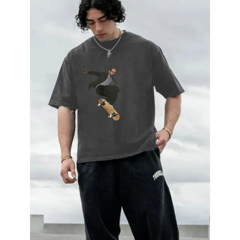 تي شيرت رجالي مغسول رمادي داكن طباعة جرافيك لوح التزلج جودة عالية 100% قطن 230 جرام