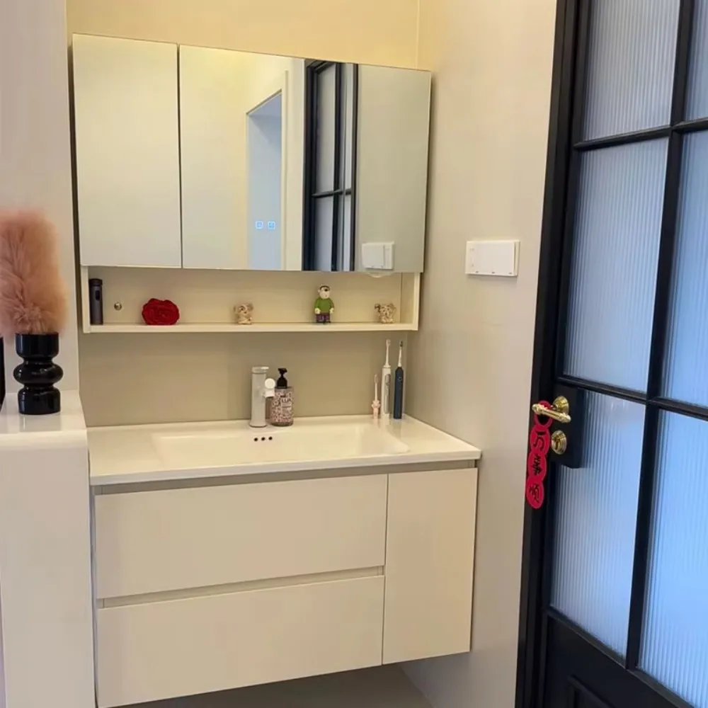 Modern Waterproof MDF Wall-mounted Bathroom Cabinet Luxury Ceramic Top Vanity Double Sink Storage Unit Residential Project