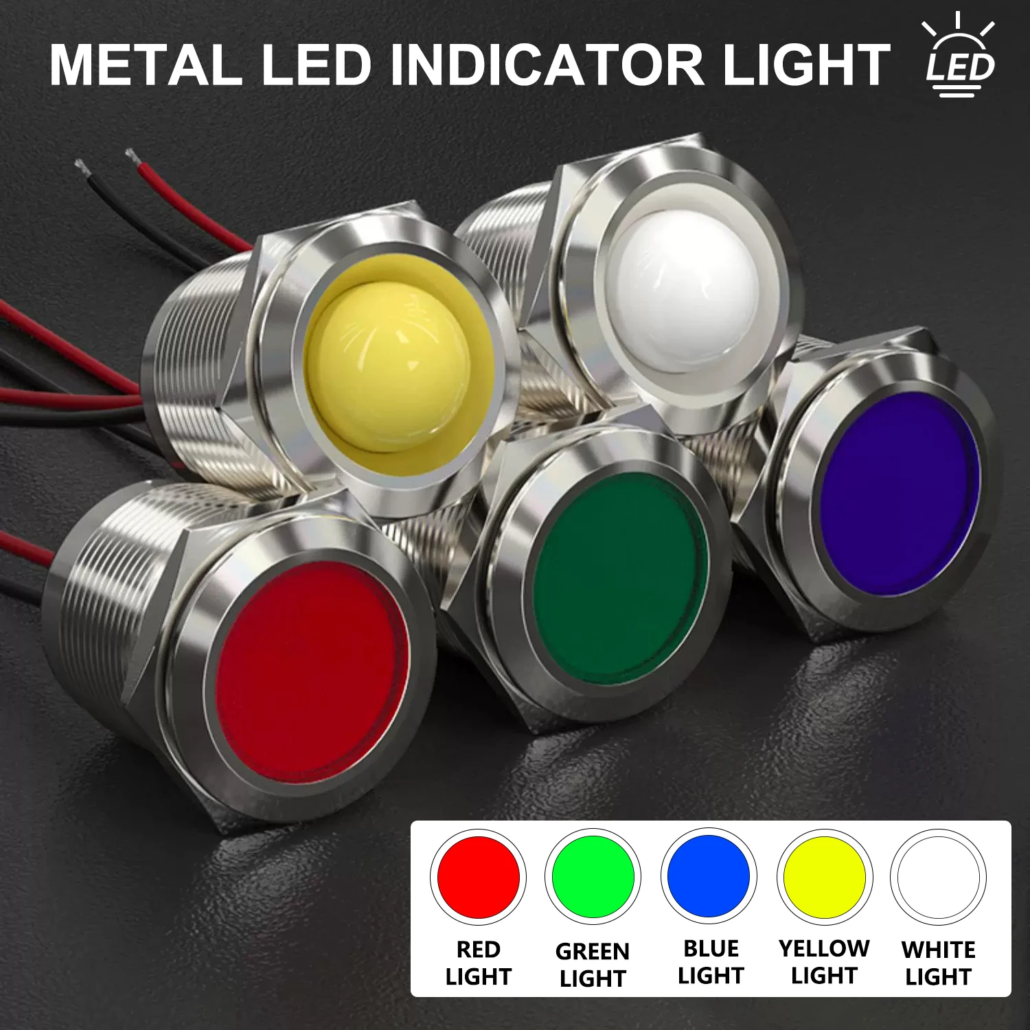 ABILKEEN 10PCS 19MM Flat Head LED Metal Indicator Light Stainless Steel Shell IP65 Waterproof Signal Pilot Lamp with 150MM Cable