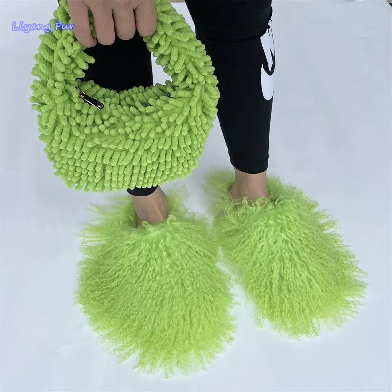 Hot selling Women Curly Long Hair Real Mongolian Sheep Fur Slides Slippers