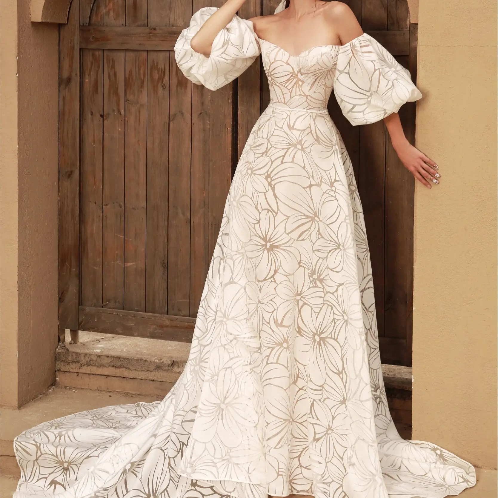 Vestidos De Novia con escote Corazón y hombros descubiertos, elegantes Vestidos De Novia con estampado Floral, Vestidos De Novia personalizados TT468