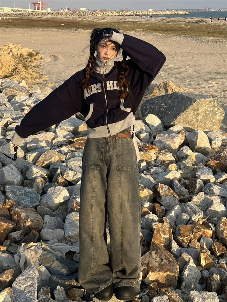 

Открытый кардиган с высоким воротником в американском стиле ретро, женский весенний новый дэт с буквенным принтом и воротником, свободный крой на молнии