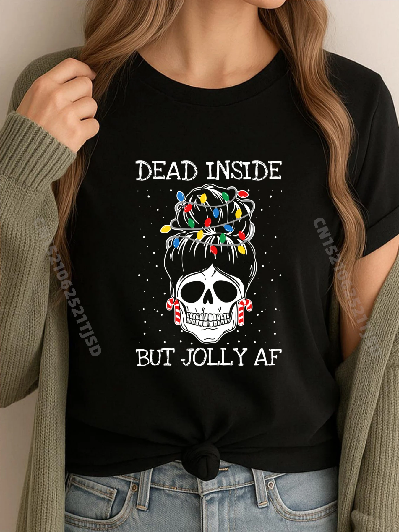 

Dead Inside But Jolly Af Рождественская пижама Messy Bun Skull Забавная рубашка Мужская футболка большого размера Женская футболка стираная 4 июля