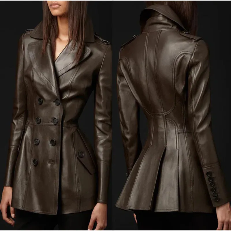 2022 Spring Autumn Chaquetas New Leather Coat Women\'s Mid-Long Leather Trench Coat Fashion Double Breasted Black Leather Jacket