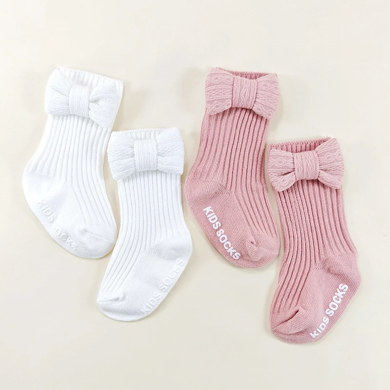 Pink Bow Baby Girl Socks Princess Non slip Floor Sock Spring Autumn Mid Tube Sock 0-6Month Newborn Soft Breathable Cotton Sock