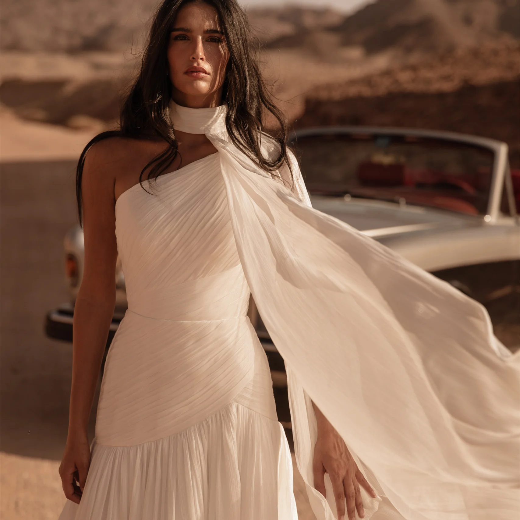 One Shoulder High Neck Pleated Chiffon Wedding Dress With Flowing Cape A Line Floor Length Bridal Gown Back Button Design Simple