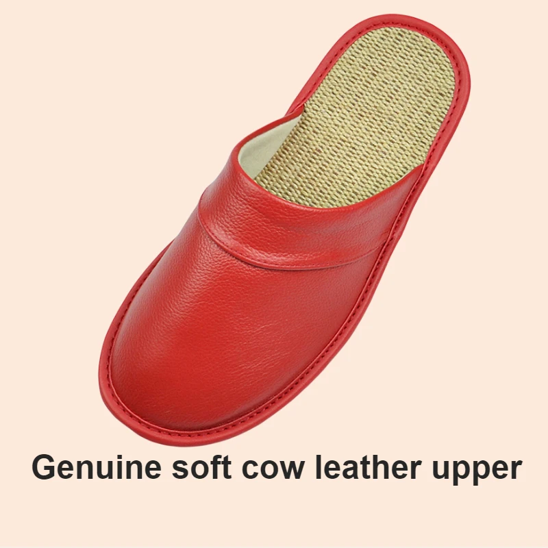 Genuine Cow Leather Linen Slippers Homes in indoor slipper Spring Autumn men women elderly non-slip casual single Slides shoes