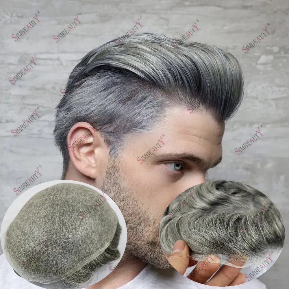 

1B40/1B65 Grey Black Thin Skin Natural Hairline 0.04mm V looped Men Toupee 100% Human Hair Prosthesis System Male Wigs Stocked