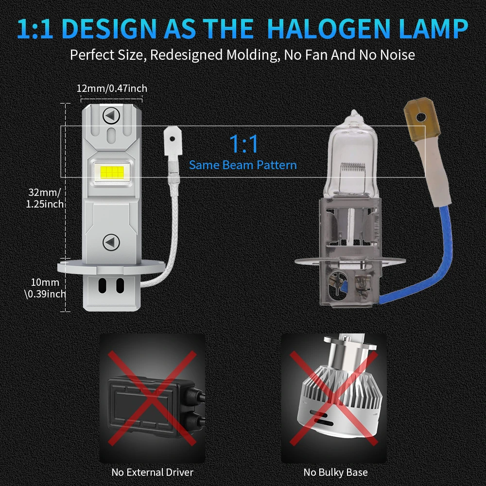 2Pcs 18000LM H3 LED Headlight Bulb Canbus High Power8 0W Car Head Fog Light Fanless Wireless H1 Mini Bulb Size Auto Lamp 6500K