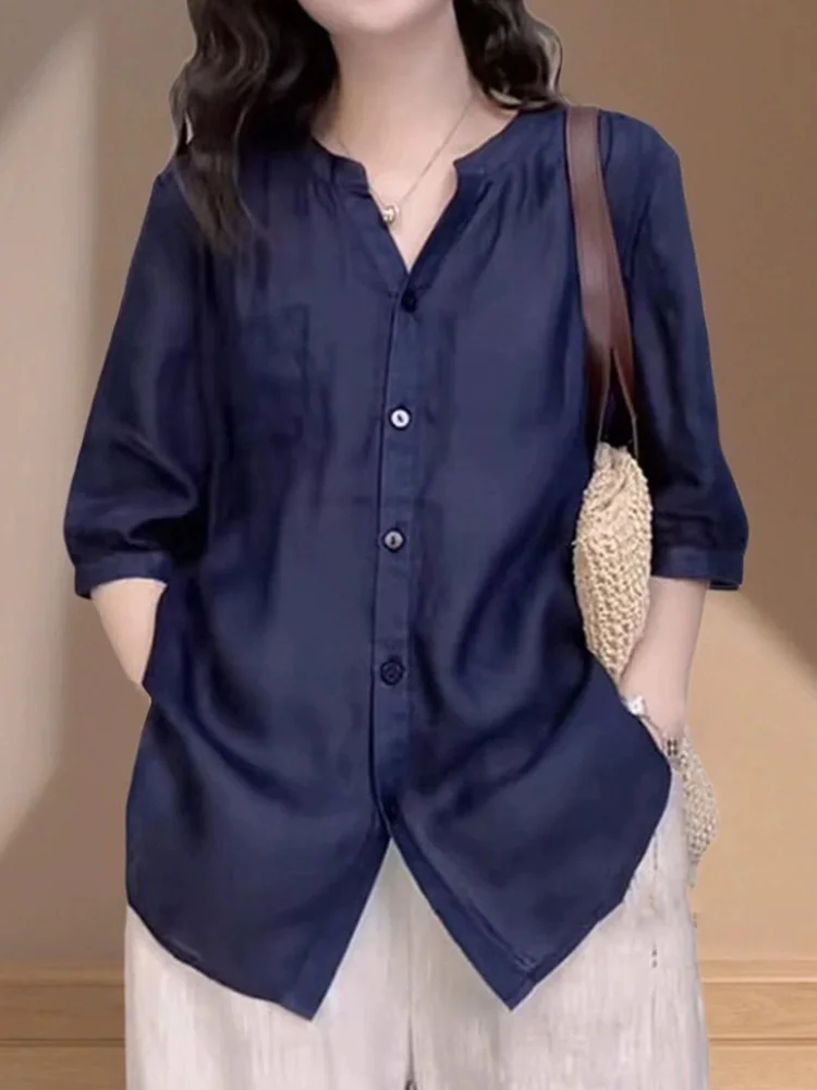 Faionable Single-Button Loose Women's irt Commute Pure Color Summer 2025 Korean Sle Casual Loose Top Women's Faion